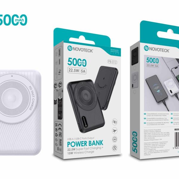 Power Bank 5000mAh PB-012 Branco – Carregamento Rápido 22.5W com Carregamento Sem Fios 15W