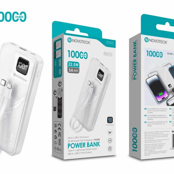 Power Bank 10000mAh PB-013 - Carregamento Rápido 22.5W PD20W com Cabo Integrado