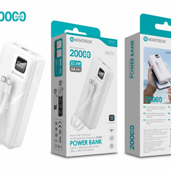 Power Bank 20000mAh PB-014 – Carregamento Rápido 22.5W PD20W com Cabo Integrado