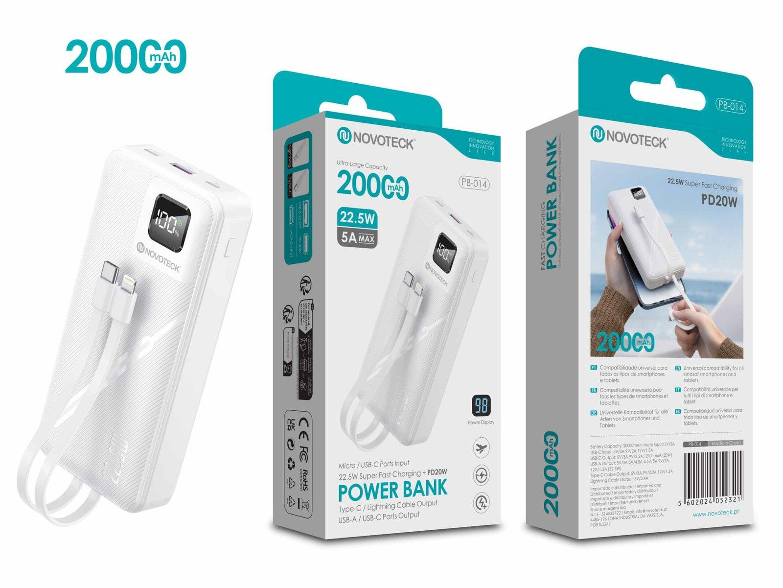 Power Bank 20000mAh PB-014 - Carregamento Rápido 22.5W PD20W com Cabo Integrado