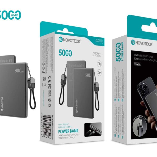 Power Bank Ultrafino NOVOTECK PB-017 5000mAh – Carregamento Rápido 20W e Sem Fios 15W, Compatível com MagSafe, Design Magnético Compacto