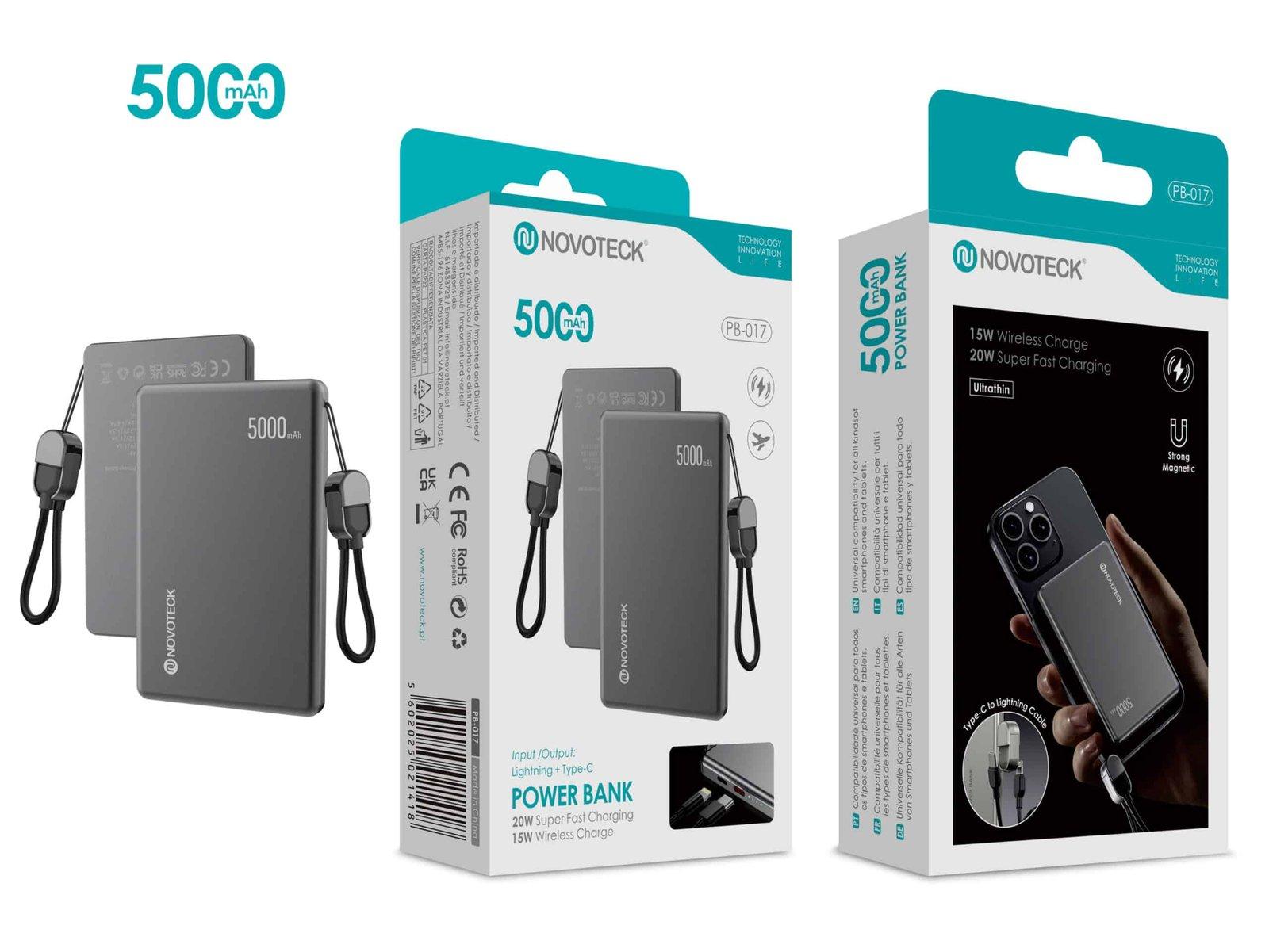 Power Bank Ultrafino NOVOTECK PB-017 5000mAh – Carregamento Rápido 20W e Sem Fios 15W, Compatível com MagSafe, Design Magnético Compacto