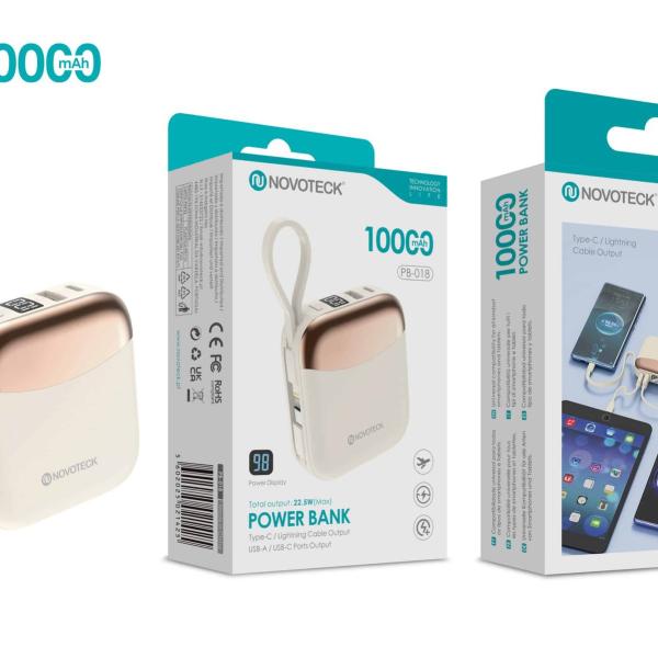 Power Bank NOVOTECK PB-018 10000mAh com Carregamento Rápido 22,5W – Saídas USB-A/USB-C + Cabos Integrados Type-C e Lightning