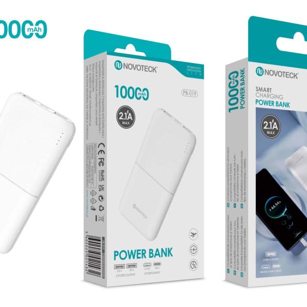 Power Bank NOVOTECK PB-019 10000mAh com Dupla Saída USB – Carregamento Inteligente 2.1A, Design Minimalista e Portátil