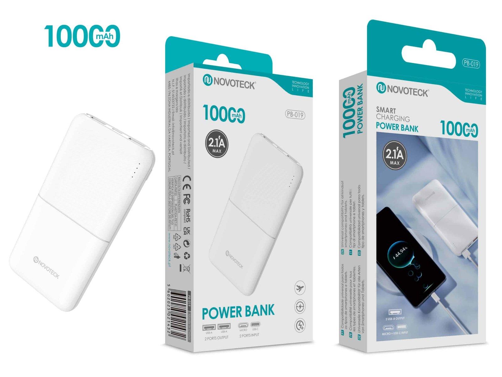 Power Bank NOVOTECK PB-019 10000mAh com Dupla Saída USB – Carregamento Inteligente 2.1A, Design Minimalista e Portátil