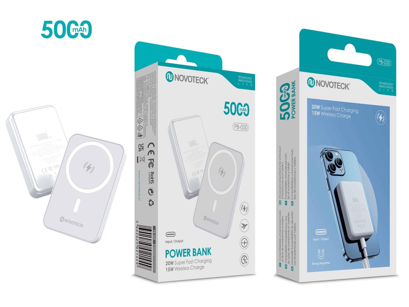 Power Bank Magnético NOVOTECK PB-020 5000mAh – Carregamento Rápido 20W e Wireless 15W, Compatível com MagSafe