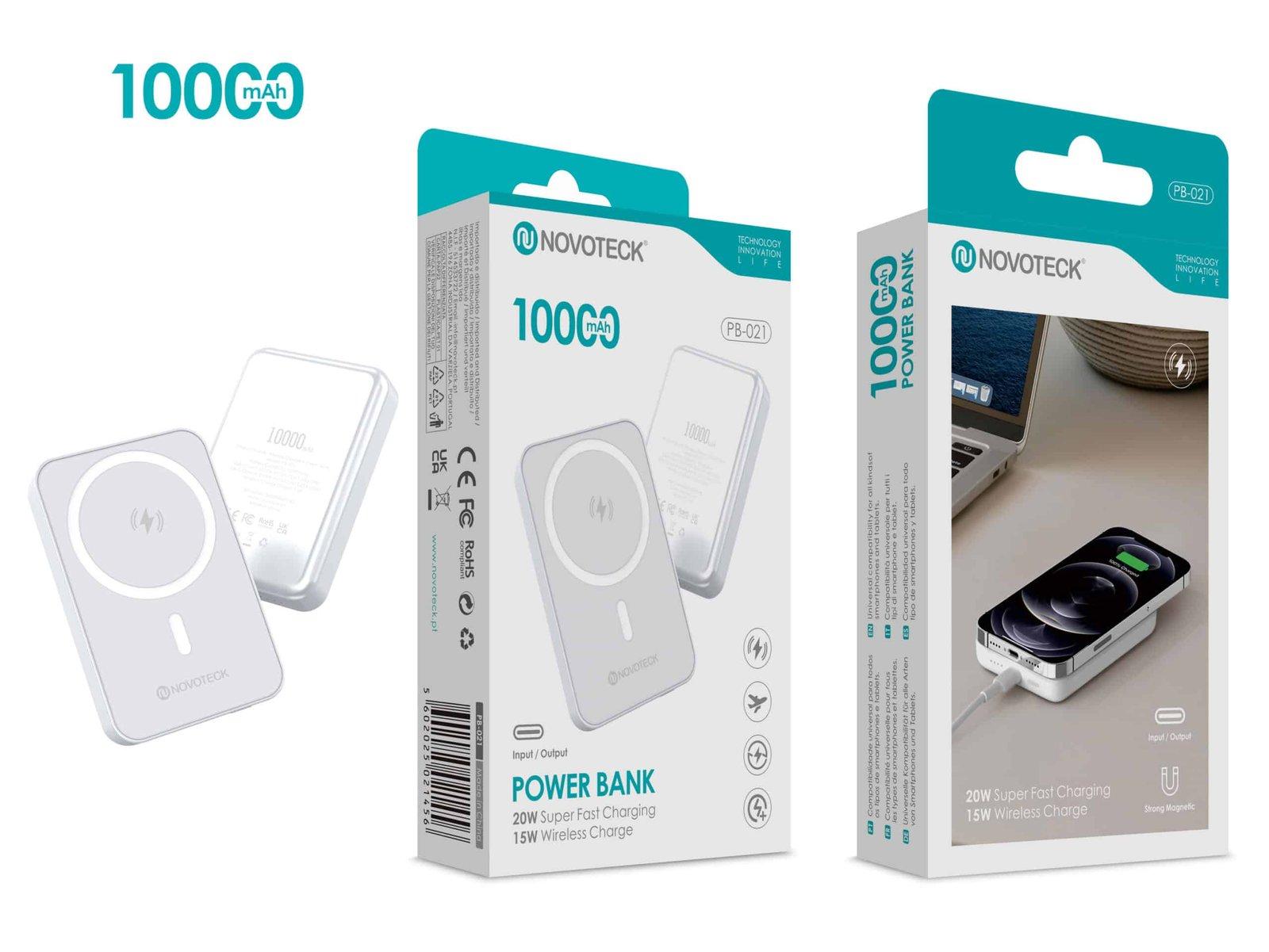 Power Bank Magnético NOVOTECK PB-021 10000mAh – Carregamento Rápido 20W e Sem Fios 15W, Compatível com MagSafe