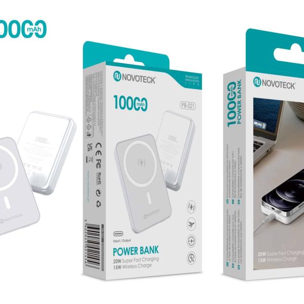 Power Bank Magnético NOVOTECK PB-021 10000mAh – Carregamento Rápido 20W e Sem Fios 15W, Compatível com MagSafe