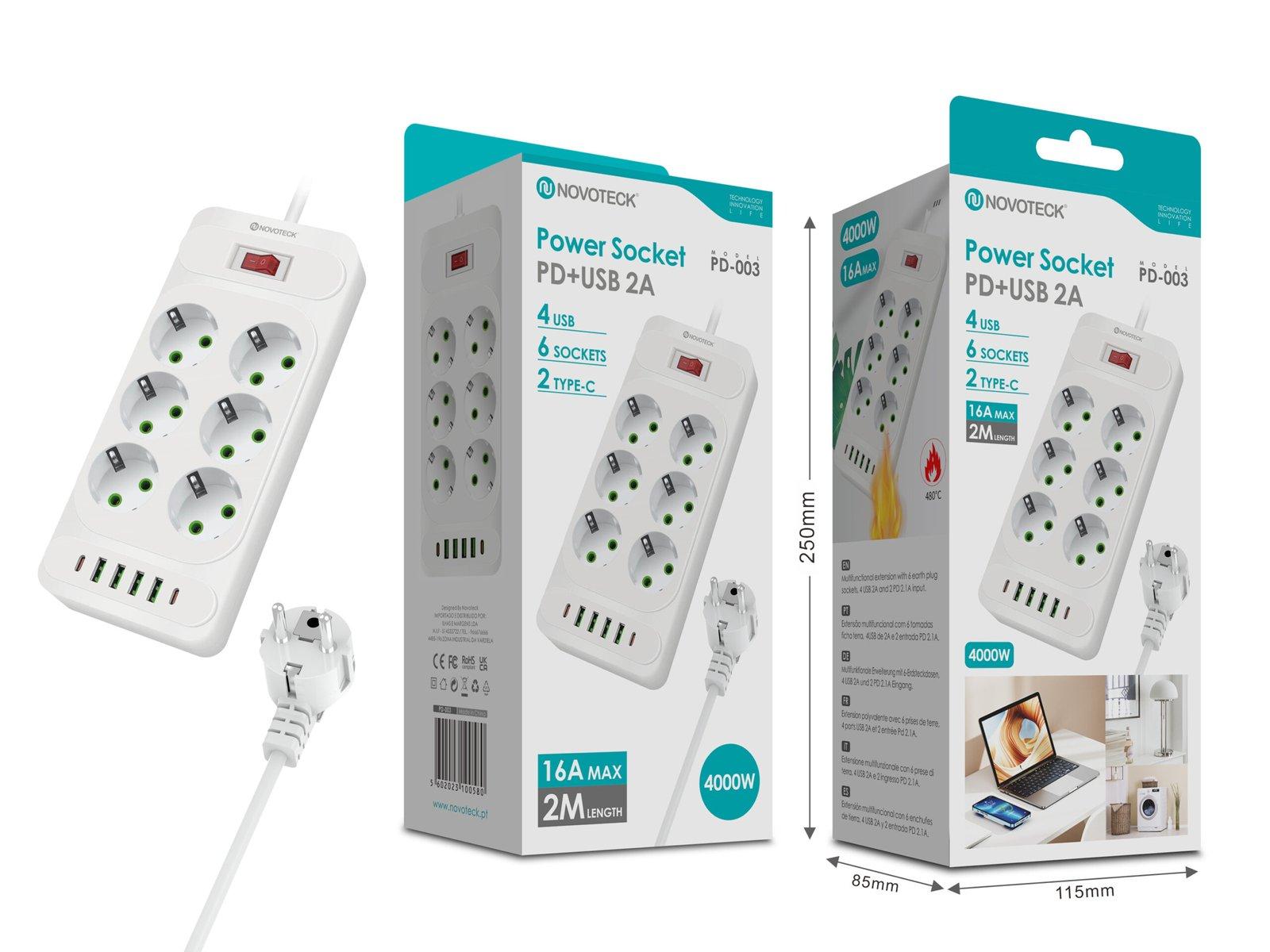 Extenção 2m com 6 tomads 4 usb 2 type-c PD-003 16A