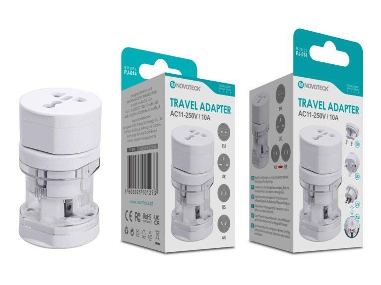 Adaptador de Viagem Universal Novoteck PJ-014 Branco Compatível com EU/UK/US/AU