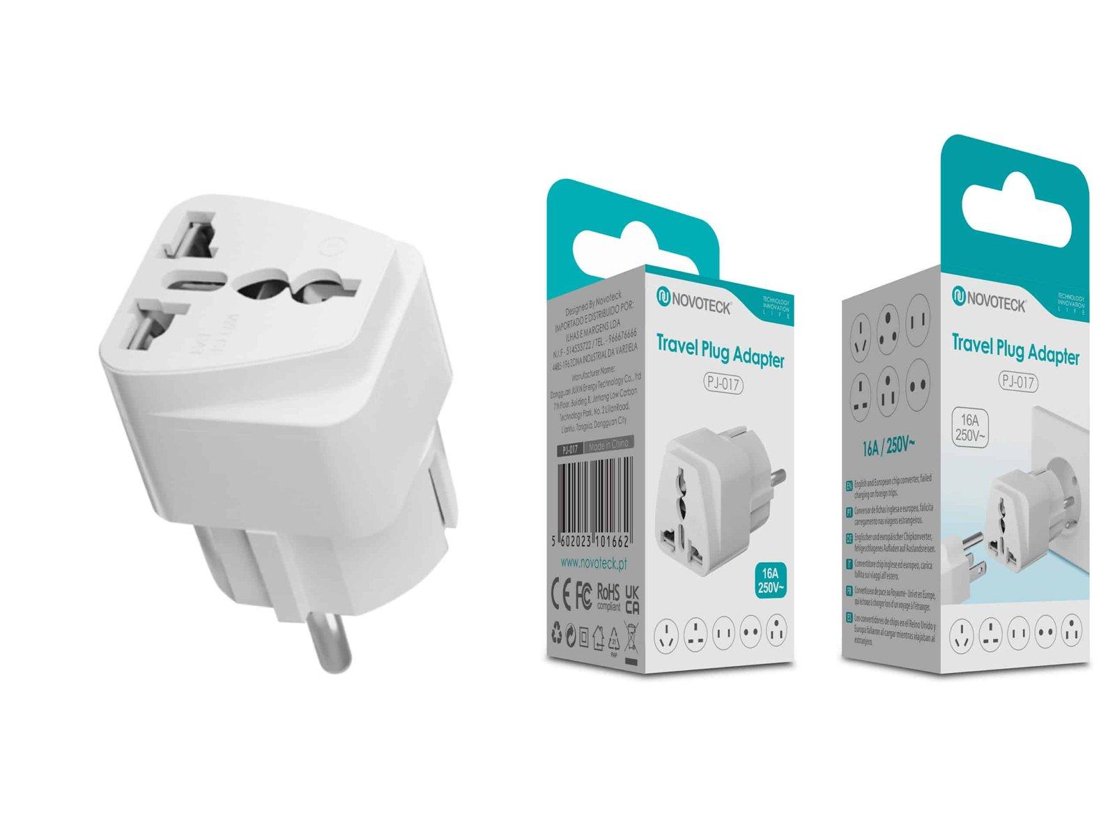 Adaptador de Viagem Universal Novoteck PJ-017 – Suporta até 16A/250V, Compatível com Tomadas Internacionais