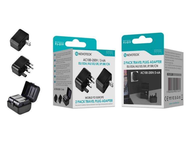 Adaptador de Viagem Universal 2 em 1 Novoteck PJ-019 – Compatível com EU/USA/AU/UK/JP/BR/CN