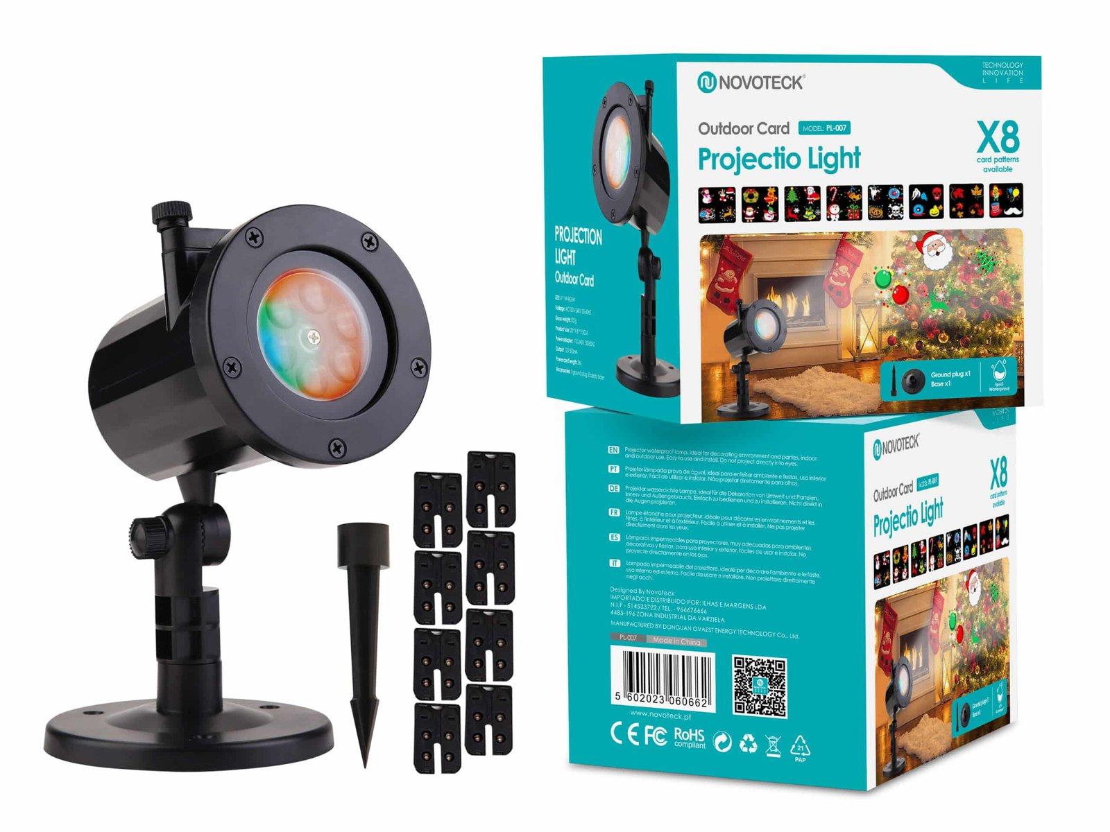 Projetor de Luz Externo Novoteck PL-007 com 8 Cartões de Projeção Festivos