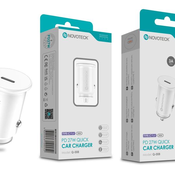 Carregador Rápido PD 27W para Carro NOVOTECK Q-008 - USB-C, 3A, Segurança Certificada Branco