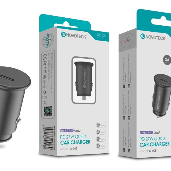 Carregador Rápido PD 27W para Carro NOVOTECK Q-008 - USB-C, 3A, Segurança Certificada Negro