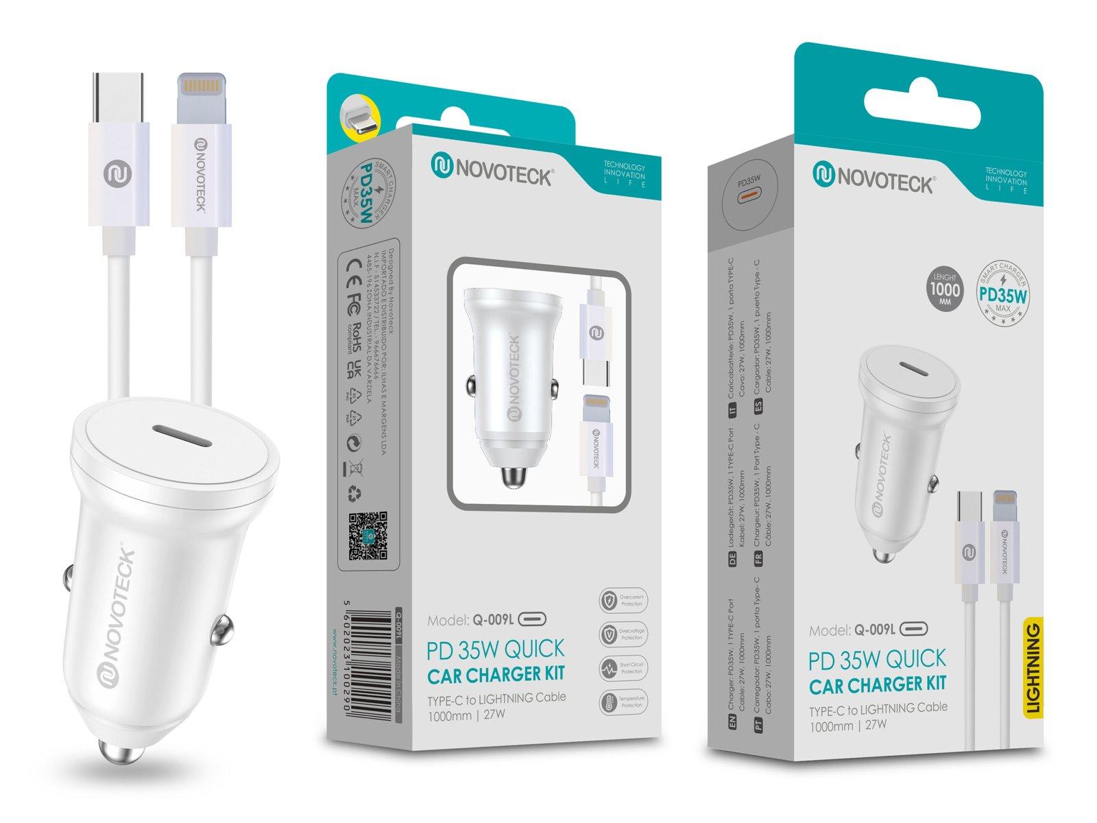 Kit Carregador Rápido para Carro NOVOTECK Q-009L PD 35W - Inclui Cabo Usb-C to Lightning de 1m, Carregamento Eficiente e Seguro