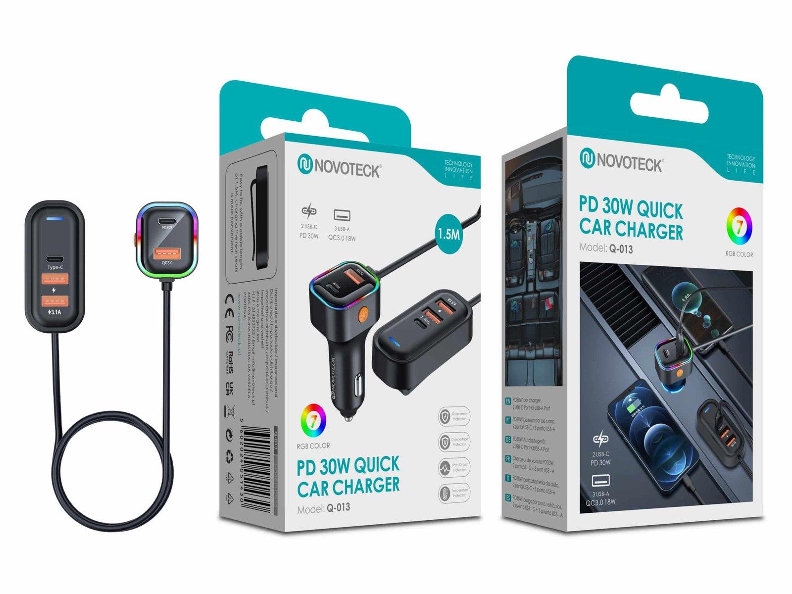 Carregador Rápido para Carro Q-013 – PD 30W com Iluminação RGB