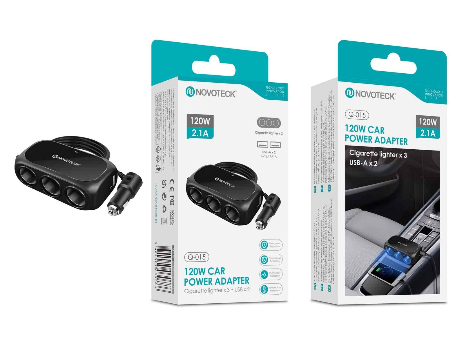 Adaptador de Isqueiro Novoteck Q-015 – 120W com 3 Tomadas de Isqueiro e 2 Portas USB-A, Saída 2.1A, Carregador Automóvel Universal