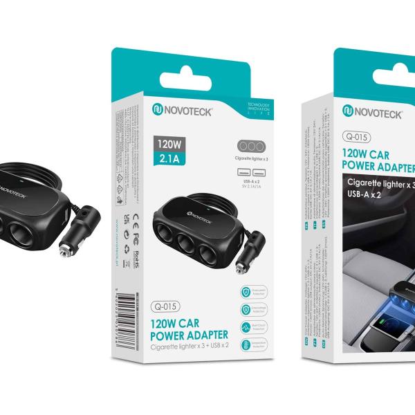 Adaptador de Isqueiro Novoteck Q-015 – 120W com 3 Tomadas de Isqueiro e 2 Portas USB-A, Saída 2.1A, Carregador Automóvel Universal