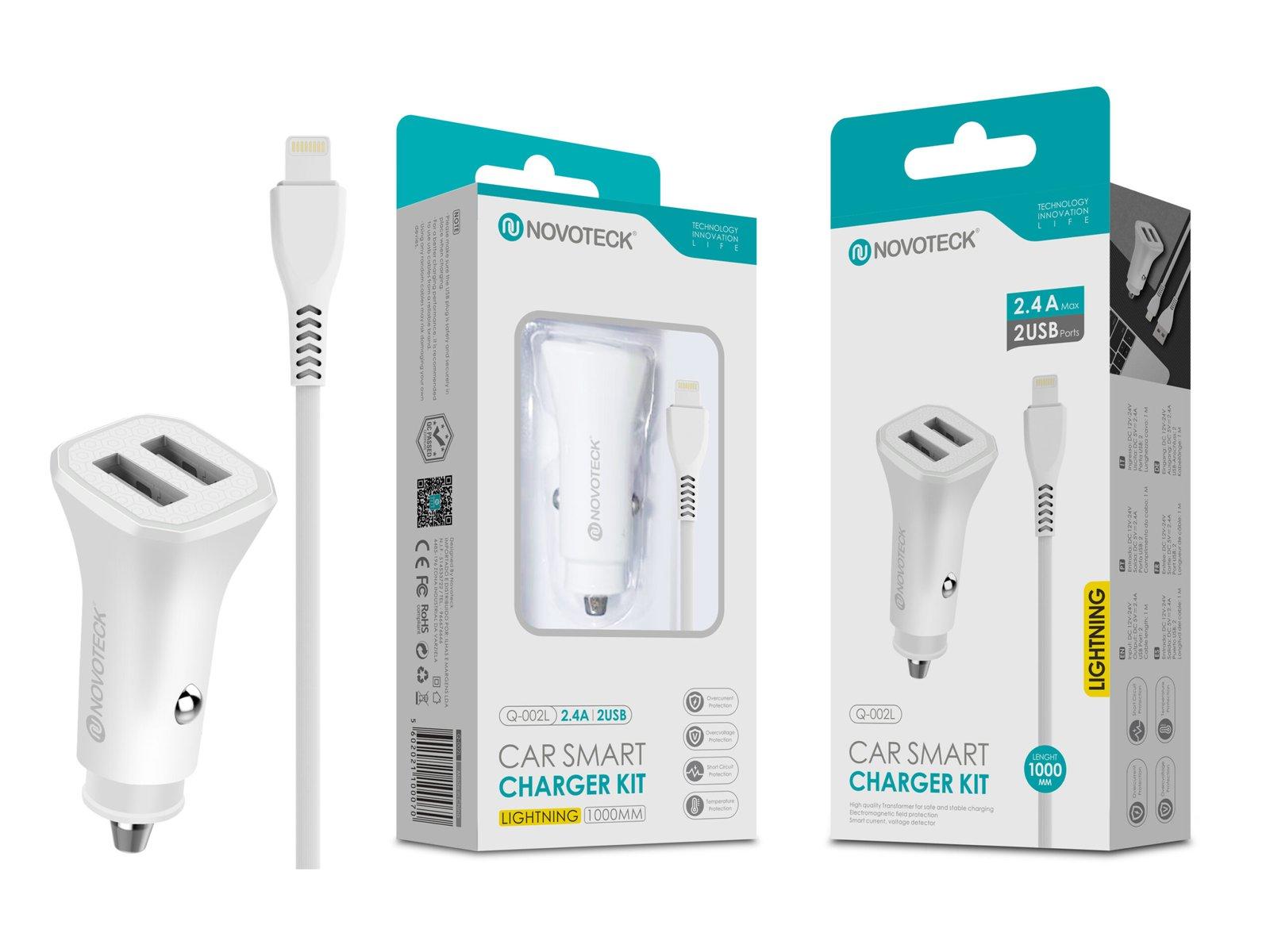Kit Carregador Automóvel Inteligente 2.4A 2 USB Branco com Cabo Lightning Q-002L
