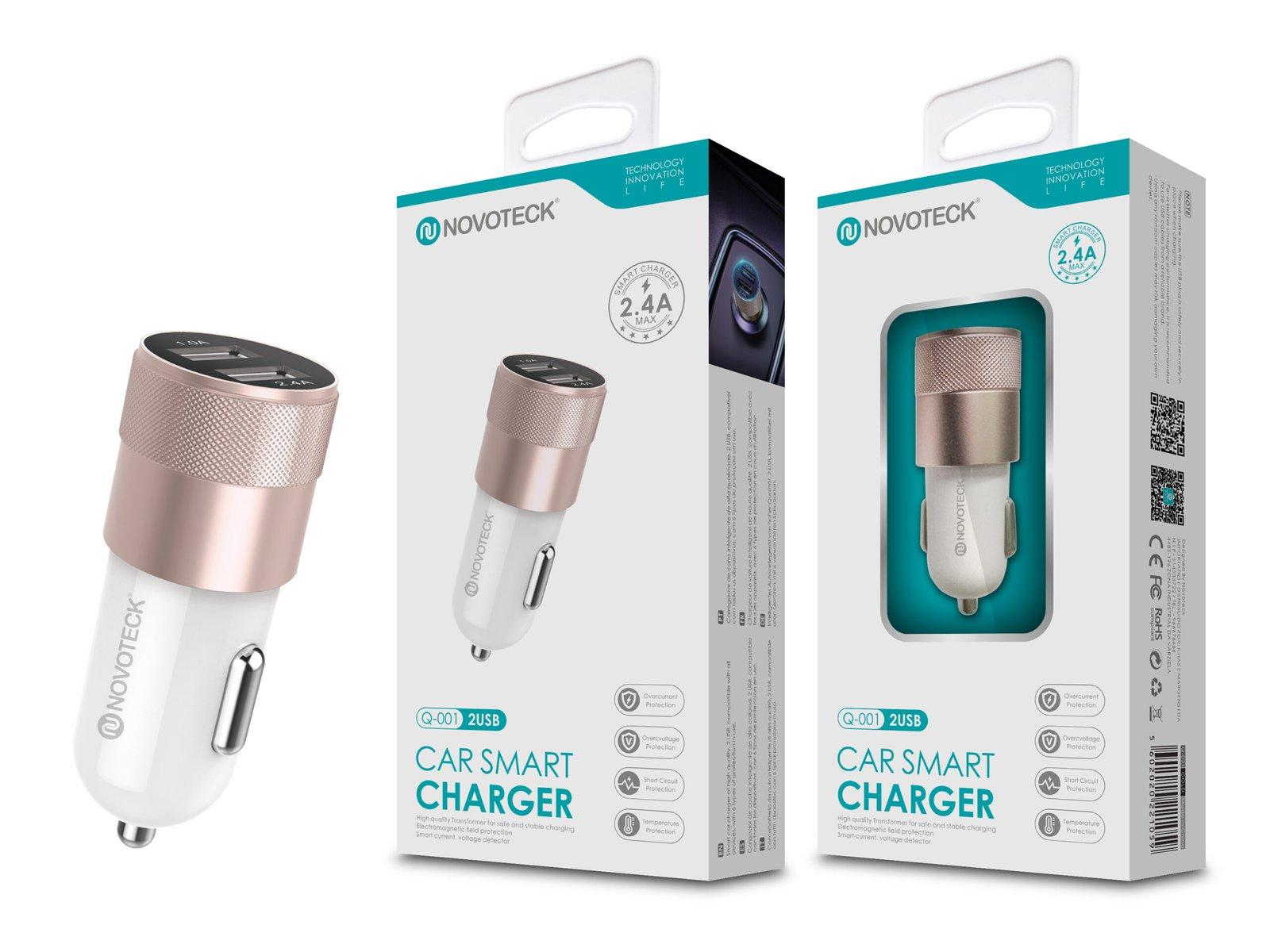 Carregador Automóvel Isqueiro Branco com Duas Portas USB 2.4A Dourado Q-001