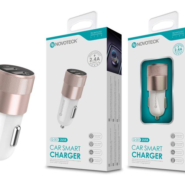 Carregador Automóvel Isqueiro Branco com Duas Portas USB 2.4A Dourado Q-001