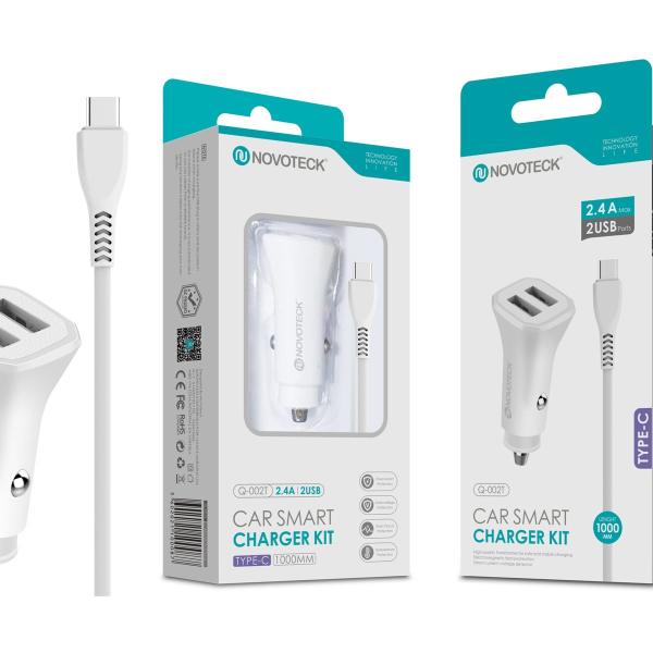 Kit Carregador Automóvel Inteligente 2.4A 2 USB Branco com Cabo Type-C Q-002T