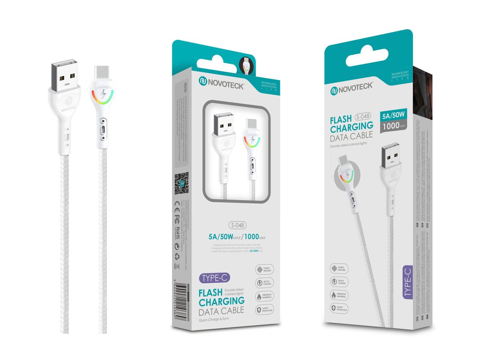 Cabo Type-C Branco 5A 50W 1M S-048 com Luz Indicador