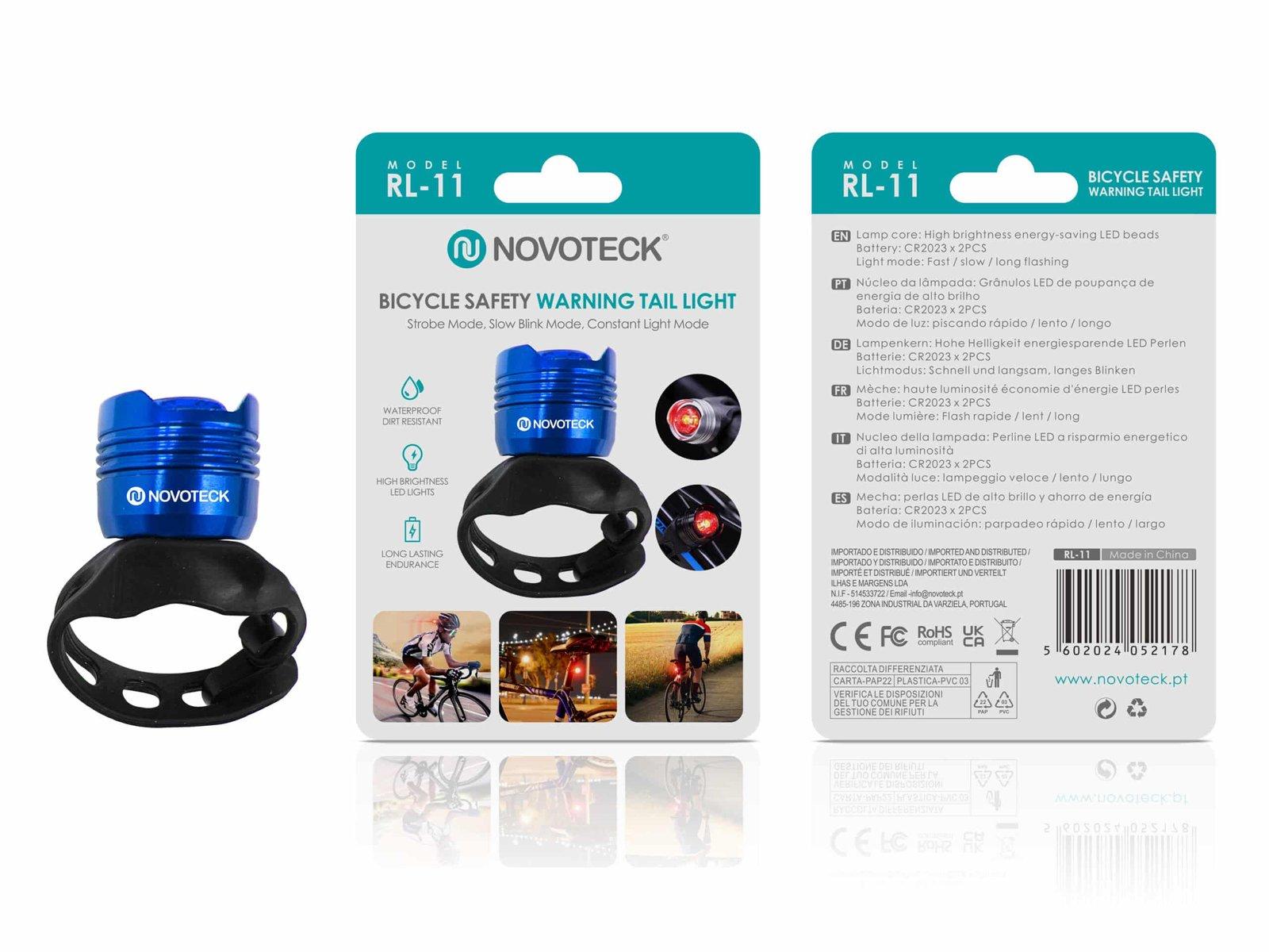 Luz de Segurança Traseira para Bicicleta Azul RL-11 – LED Alto Brilho, Modos Intermitente e Contínuo, Resistente à Água