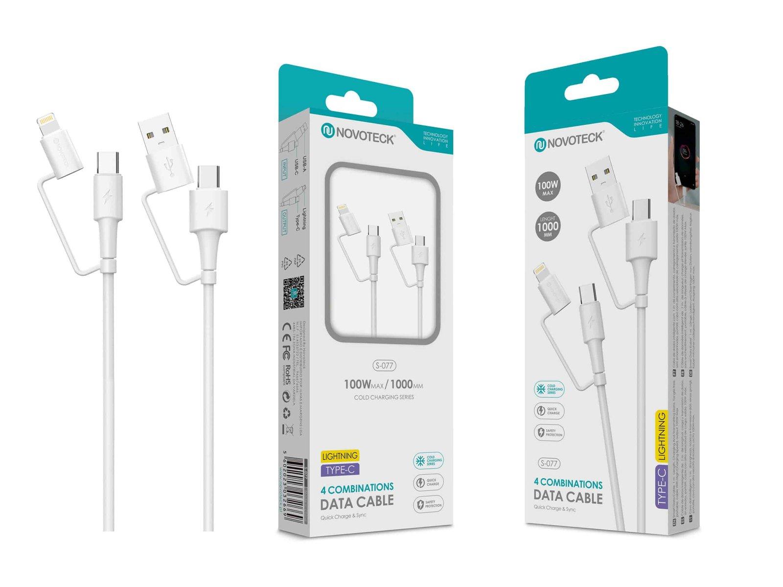 Cabo de Dados 4 em 1 Novoteck S-077 - Carregamento Rápido 100W, Lightning/Type-C, 1m