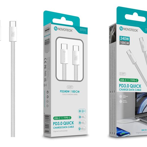 Cabo USB-C para USB-C NOVOTECK S-097 PD 3.0 - Carregamento Rápido 240W, Dados e Durável, 100cm