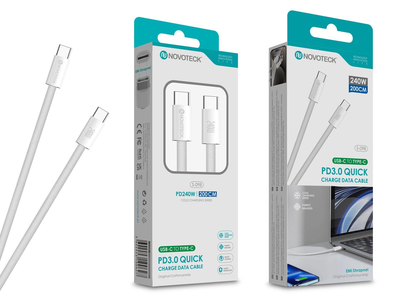 Cabo USB-C para USB-C NOVOTECK S-098 PD 3.0 - Carregamento Rápido 240W, Dados e Durável, 200cm