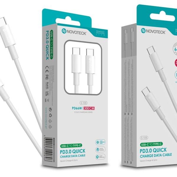 Cabo USB-C para USB-C NOVOTECK S-105 - Carregamento Rápido PD 3.0, 66W, Sincronização de Dados, 300cm