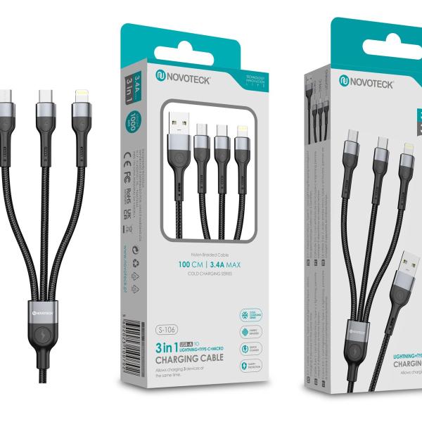 Cabo de Carregamento 3 em 1 NOVOTECK S-106 - USB para Lightning/Type-C/Micro-USB, 3.4A, 100cm
