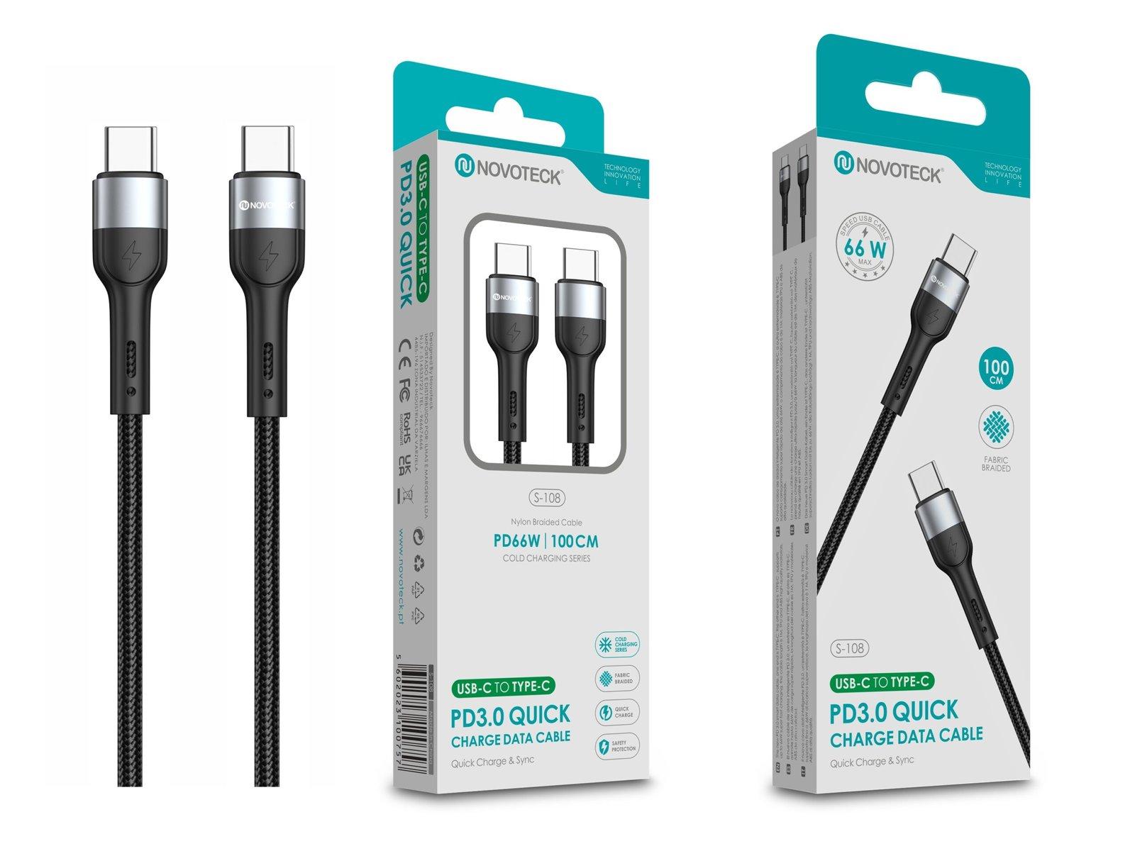 Cabo USB-C para USB-C NOVOTECK S-108 - PD 3.0 Quick Charge,66W,100cm,Negro,Trançado em Nylon