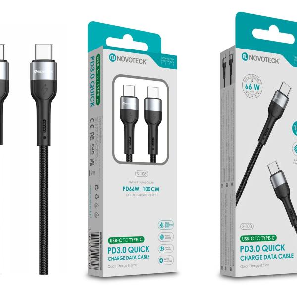 Cabo de Dados Trançado Nylon 3.1A Carregamento Rápido - Negro , USB-C to Type-C , 1.0M