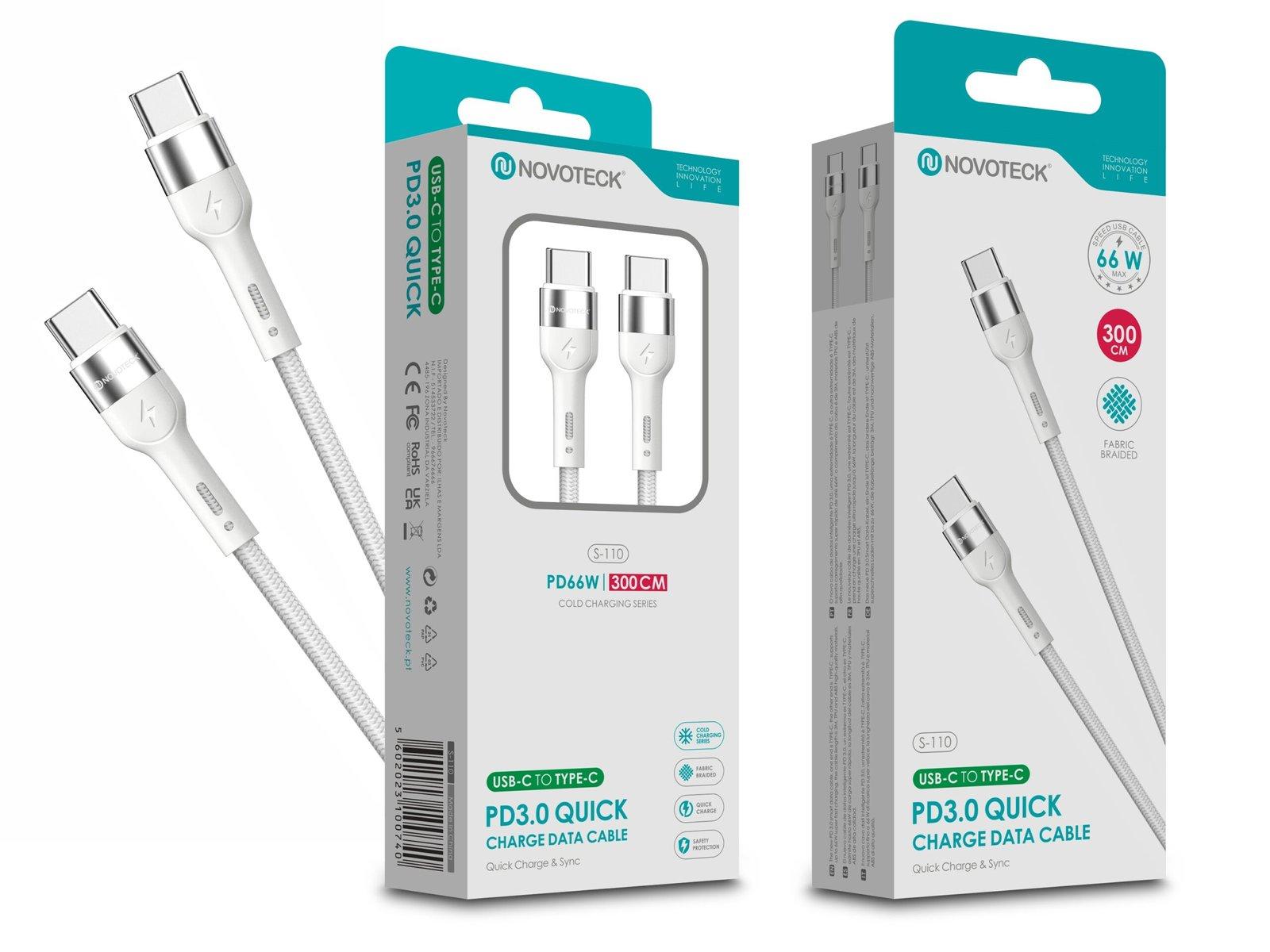 Cabo USB-C para USB-C NOVOTECK S-110 - PD 3.0 Quick Charge,66W,300cm,Branco,Trançado em Nylon