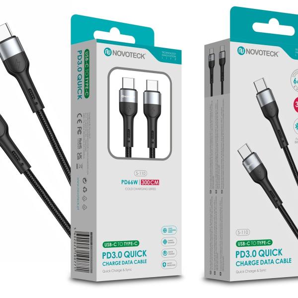 Cabo USB-C para USB-C NOVOTECK S-110 - PD 3.0 Quick Charge,66W,300cm,Negro,Trançado em Nylon