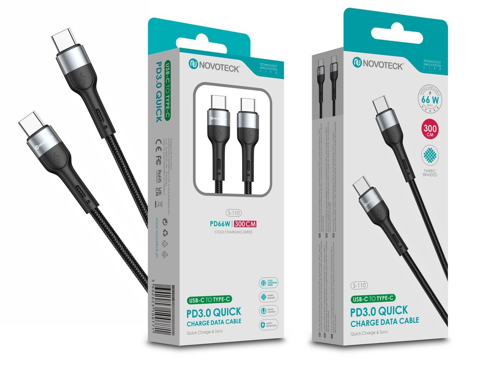 Cabo USB-C para USB-C NOVOTECK S-110 - PD 3.0 Quick Charge,66W,300cm,Negro,Trançado em Nylon