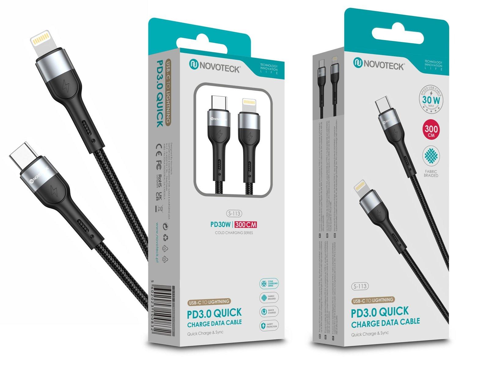 Cabo USB-C para Lightning NOVOTECK S-113 - PD 3.0, 30W, Negro,300cm,Trançado em Nylon