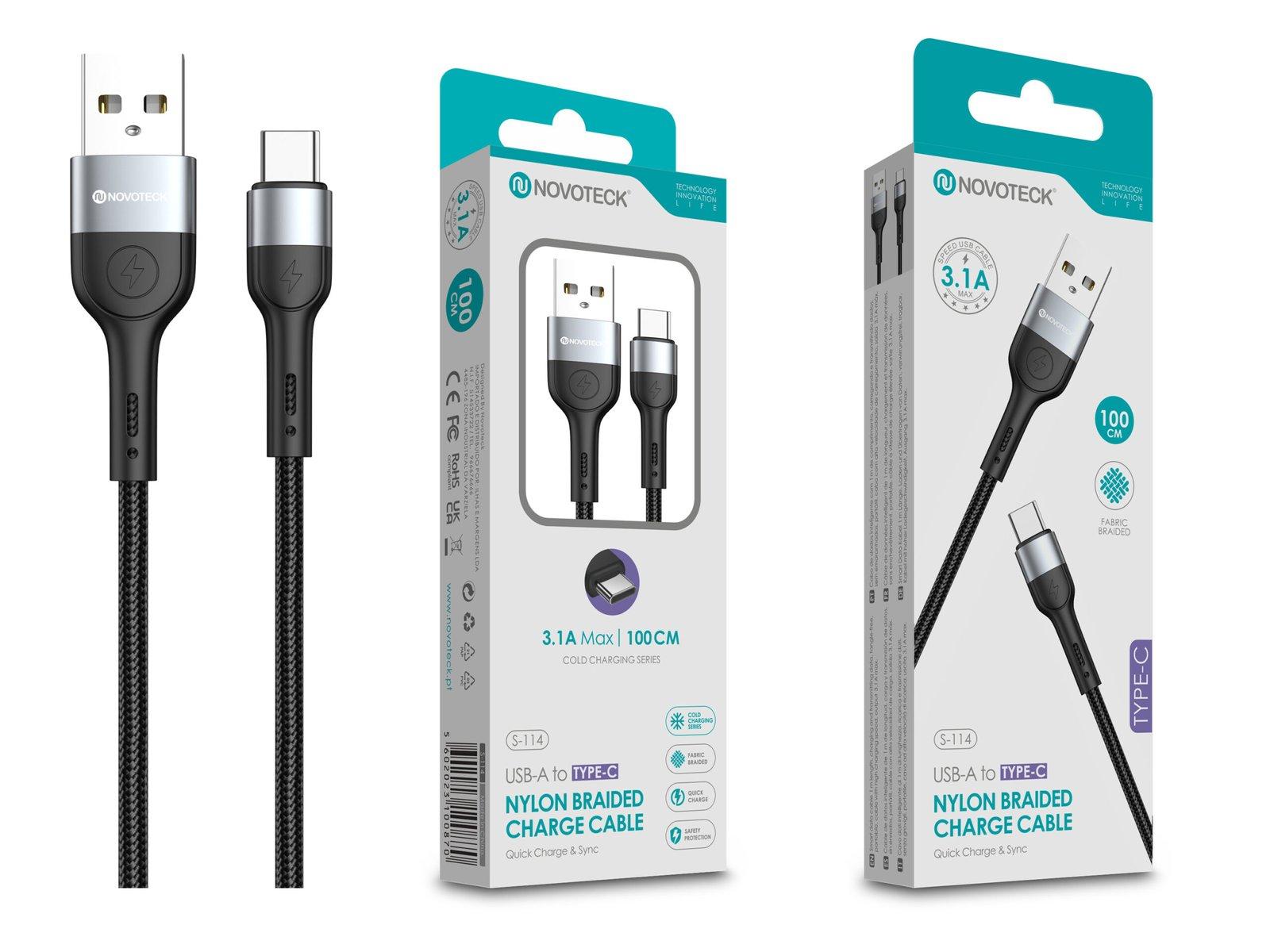 Cabo Type-C NOVOTECK S-114 - Nylon Trançado, 3.1A, 100cm,Negro
