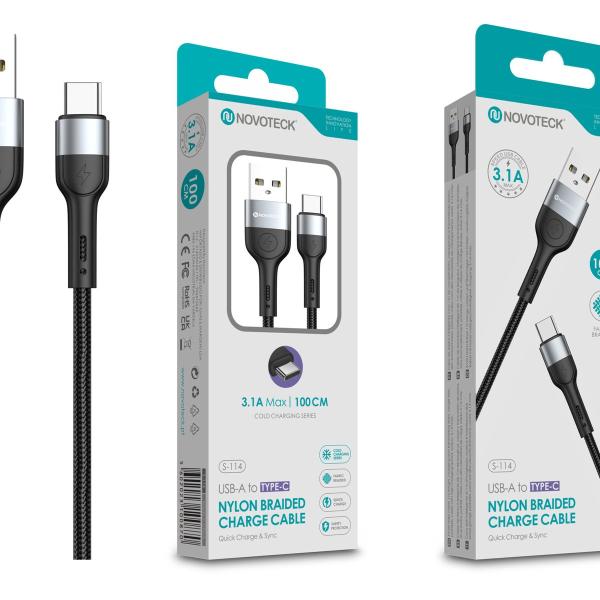 Cabo de Dados Trançado Nylon 3.1A Carregamento Rápido - Negro , Type-C USB , 1.0M