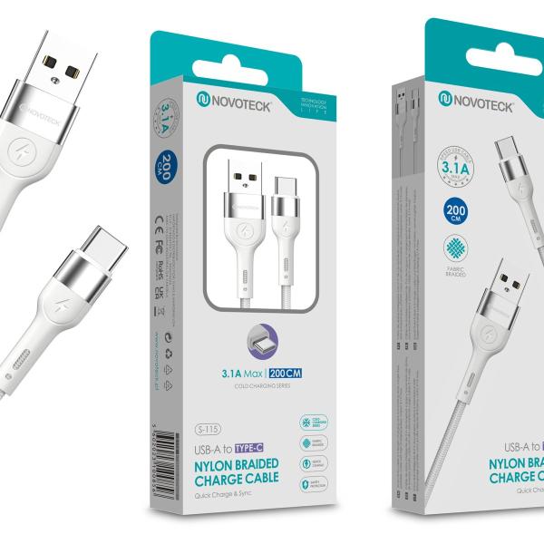 Cabo de Dados Trançado Nylon 3.1A Carregamento Rápido - Branco , Type-C USB , 2.0M