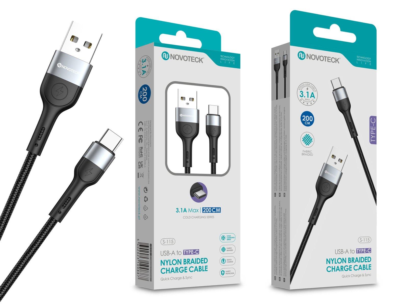 Cabo de Dados Trançado Nylon 3.1A Carregamento Rápido - Negro , Type-C USB , 2.0M