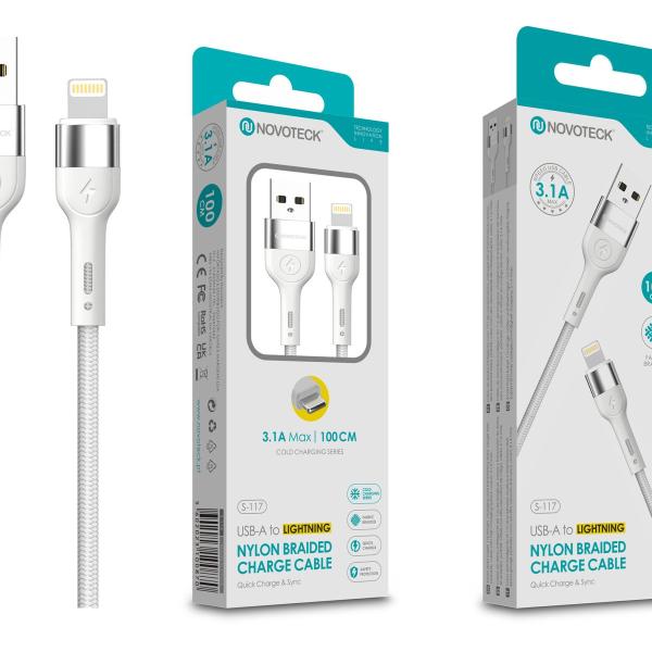 Cabo de Dados Trançado Nylon 3.1A Carregamento Rápido - Branco , Lightning USB , 1.0M