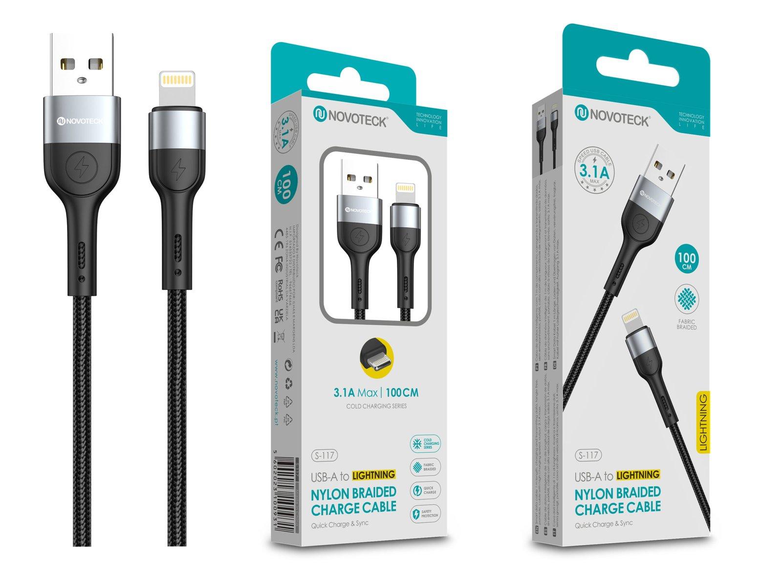 Cabo de Dados Trançado Nylon 3.1A Carregamento Rápido - Negro , Lightning USB , 1.0M