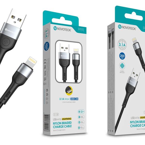 Cabo de Dados Trançado Nylon 3.1A Carregamento Rápido - Negro , Lightning USB , 2.0M