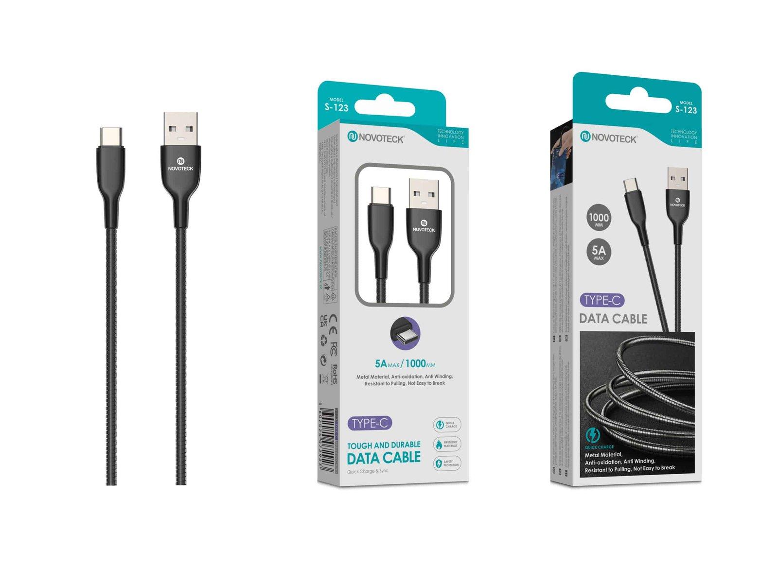 Cabo USB para Type-C S-123 – 5A, 1m, Reforçado e Resistente, Carregamento Rápido