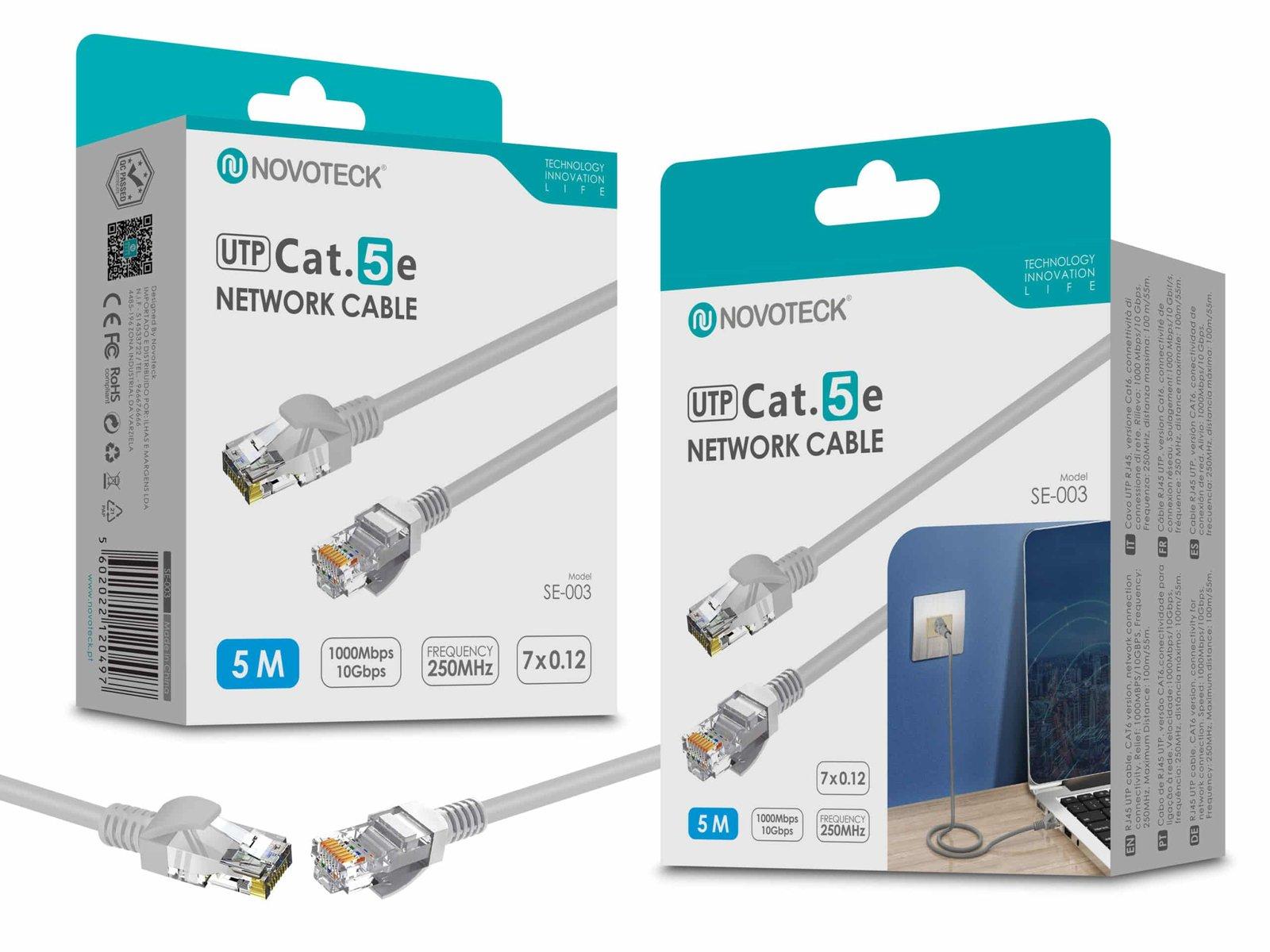Cabo de Rede Novoteck UTP Cat.5e SE-003 – 5,0m, RJ45,Alta Velocidade 1000 Mbps, 250MHz