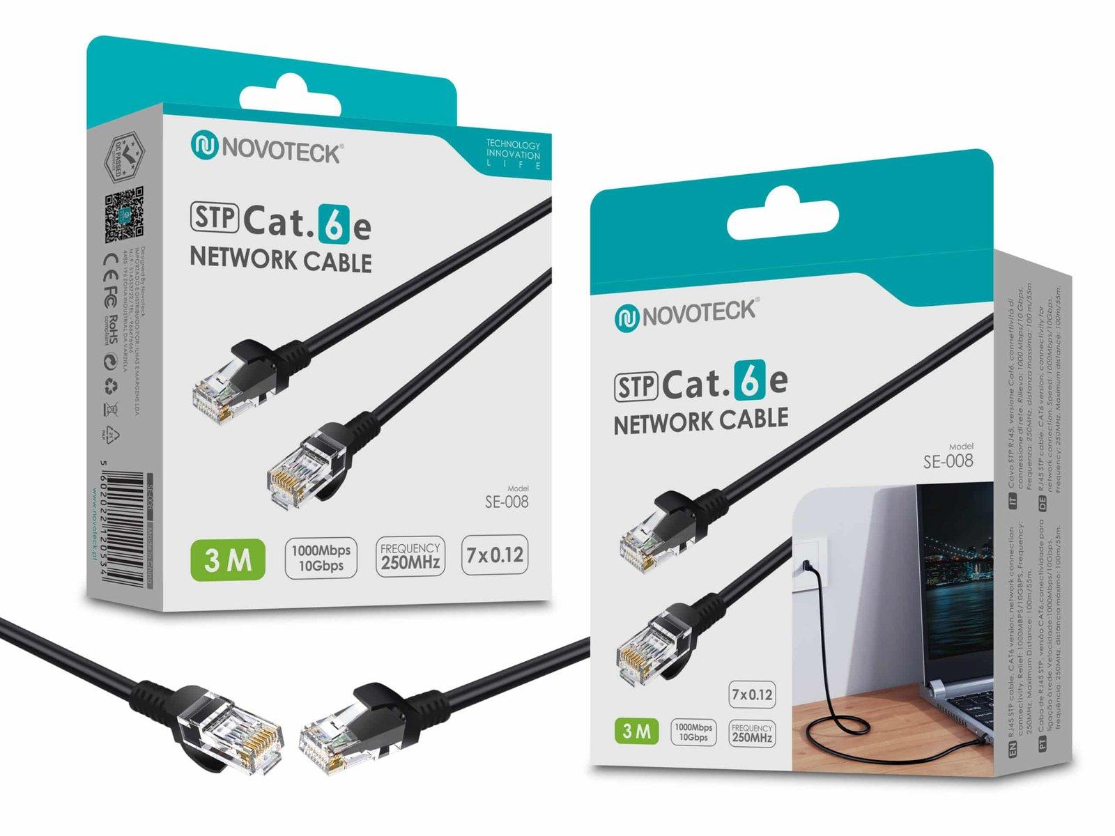 Cabo de Rede Blindado Novoteck STP Cat.6e SE-008 – 3,0m, 1000 Mbps, Conectores RJ45
